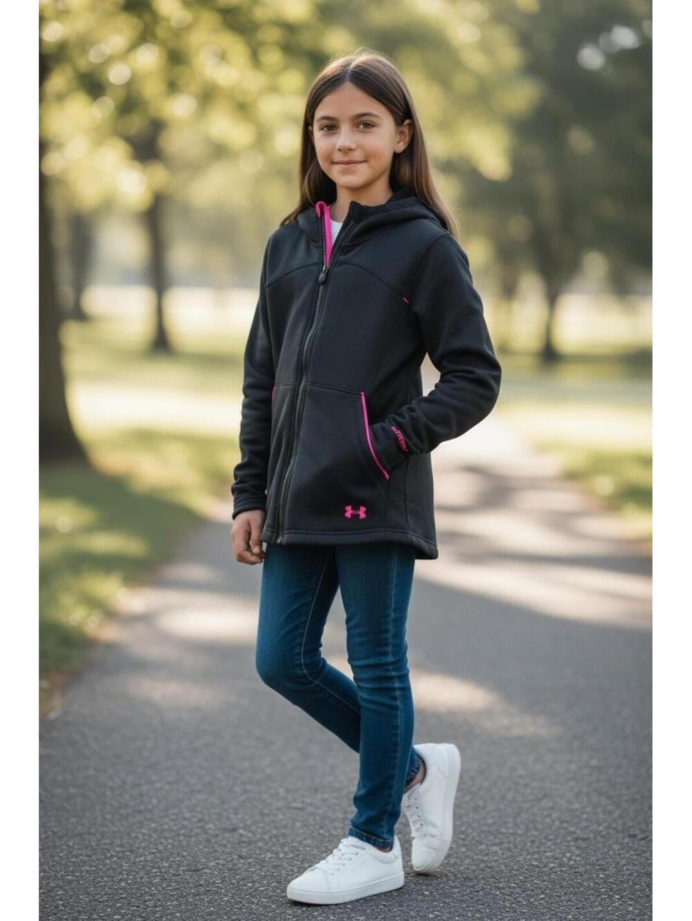 Under Armour Girls Jacket, Sz Lg, Black anf Bright Pink, Like New